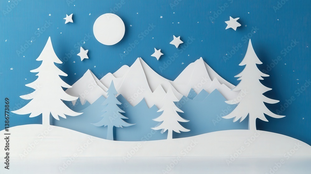 Obraz premium Winter Wonderland Paper Cutout Scene with Trees and Mountains