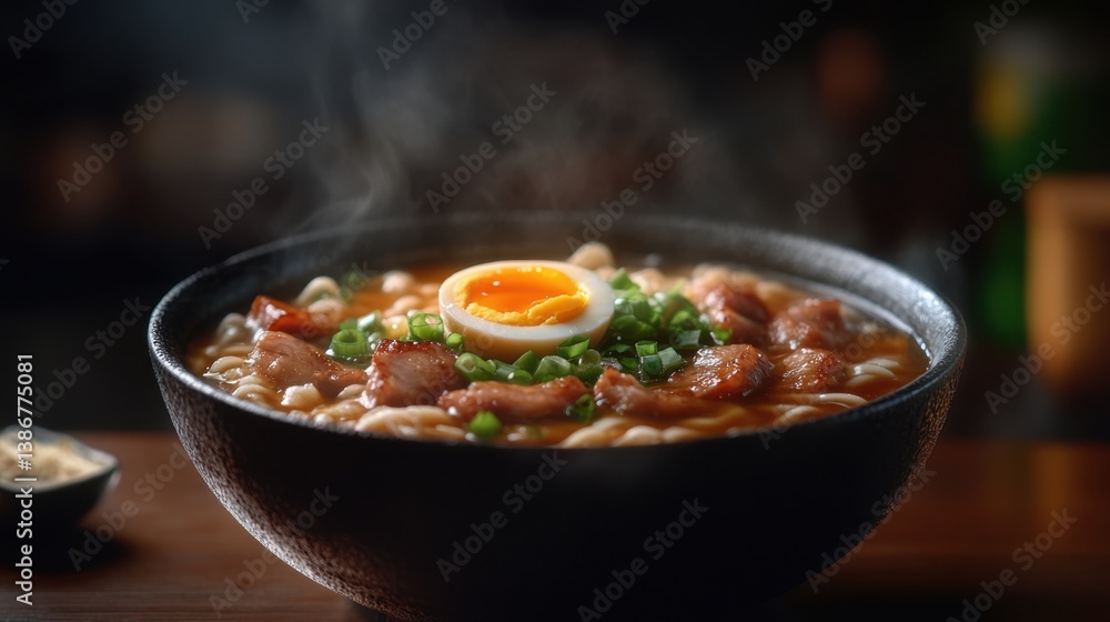A steaming bowl of Japanese tonkotsu ramen with tender pork belly, A steaming bowl of Japanese tonkotsu ramen with tender pork belly,