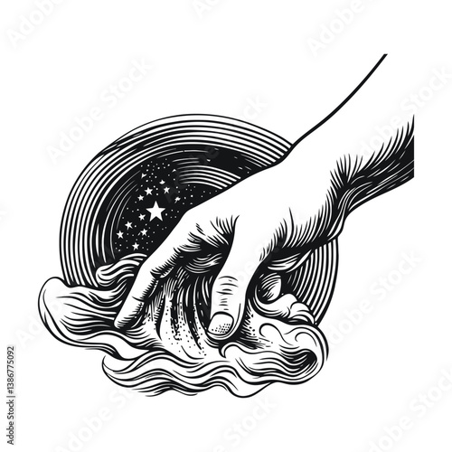Intricate Hand Engraving of a Cosmic Scene with Detailed Waves