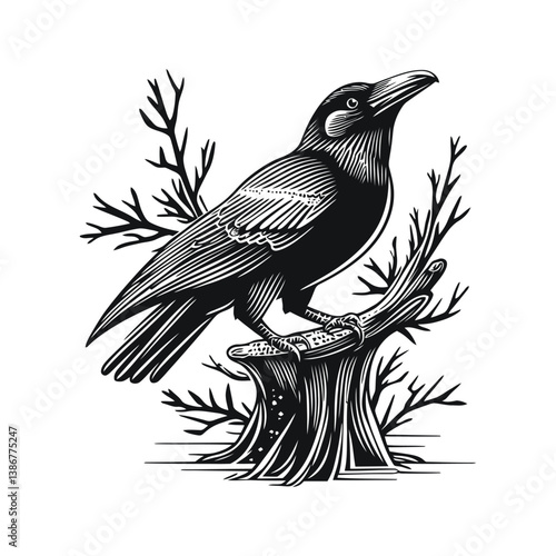Black Bird Engraving with Branches and Textured Detail Vector Art