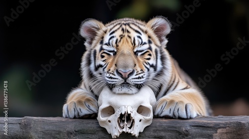 A young tiger cub resting its head on a skull, positioned on a wooden fence, dark background with soft lighting, and wildlife and nature concept.