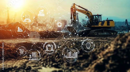 Construction site excavator with digital icons overlay