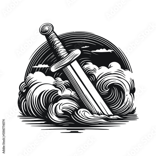 Detailed Engraving of a Sword Amidst Dramatic Waves and Clouds