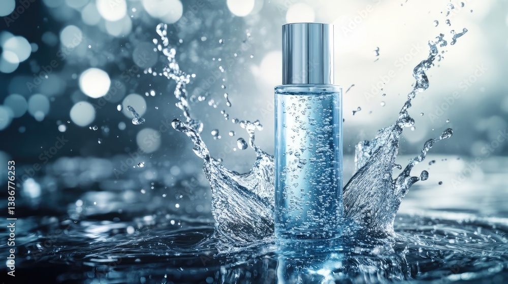 A cosmetic bottle placed on a water surface, with splashes surrounding it, highlighting its sleek design and fresh appeal. Concept: Cosmetic Bottle, Water Texture, Splash Effect A cosmetic bottle placed on a water surface, with splashes surrounding it, highlighting its sleek design and fresh appeal. Concept: Cosmetic Bottle, Water Texture, Splash Effect