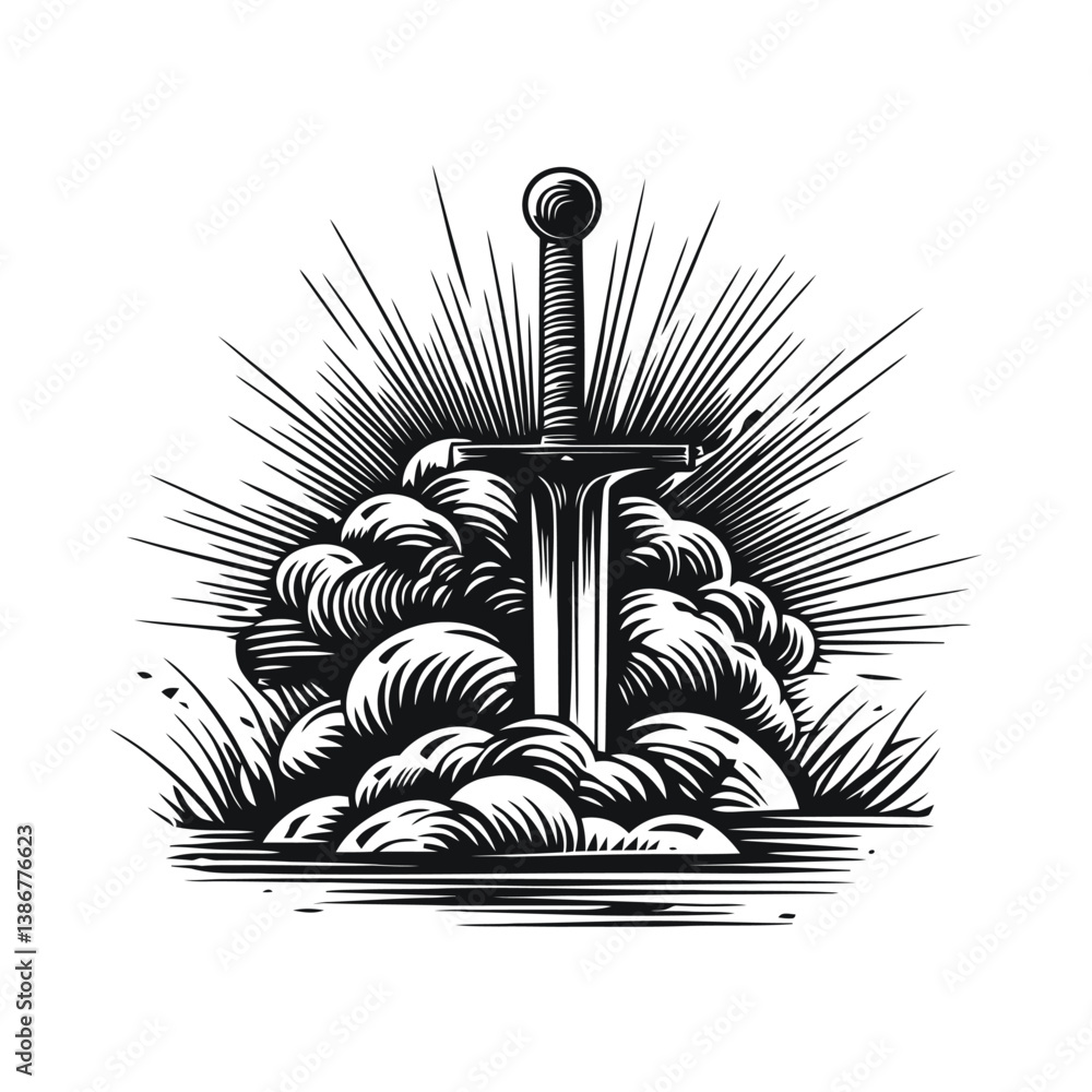 Fototapeta premium Engraved Sword with Explosive Clouds in Vintage Style Vector Art