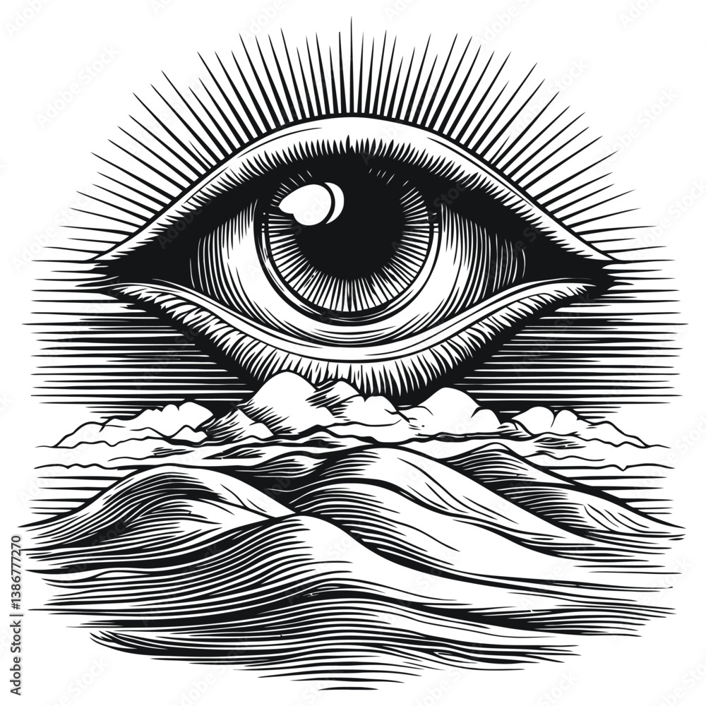 Fototapeta premium Intricate Eye Engraving Design with Rays and Waves in Vector Format