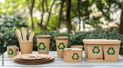 Eco-friendly disposable tableware set on a table outdoors, recycling symbol, park background