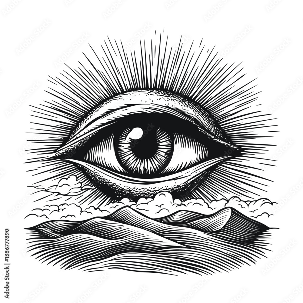 Obraz premium Eye Engraving with Rays and Mountains in Black and White Detail