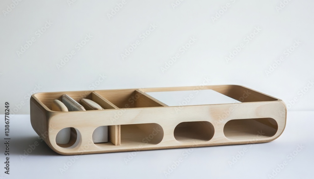 Wooden Desk Organizer with Compartments on White Surface, Perfect for Office Use to Enhance Organization and Productivity Wooden Desk Organizer with Compartments on White Surface, Perfect for Office Use to Enhance Organization and Productivity