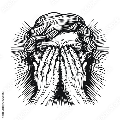 Detailed Engraving of a Person Covering Face with Hands in Vector Art