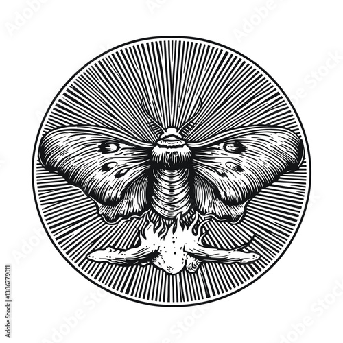 Intricate Engraved Moth Design with Radiating Lines and Details
