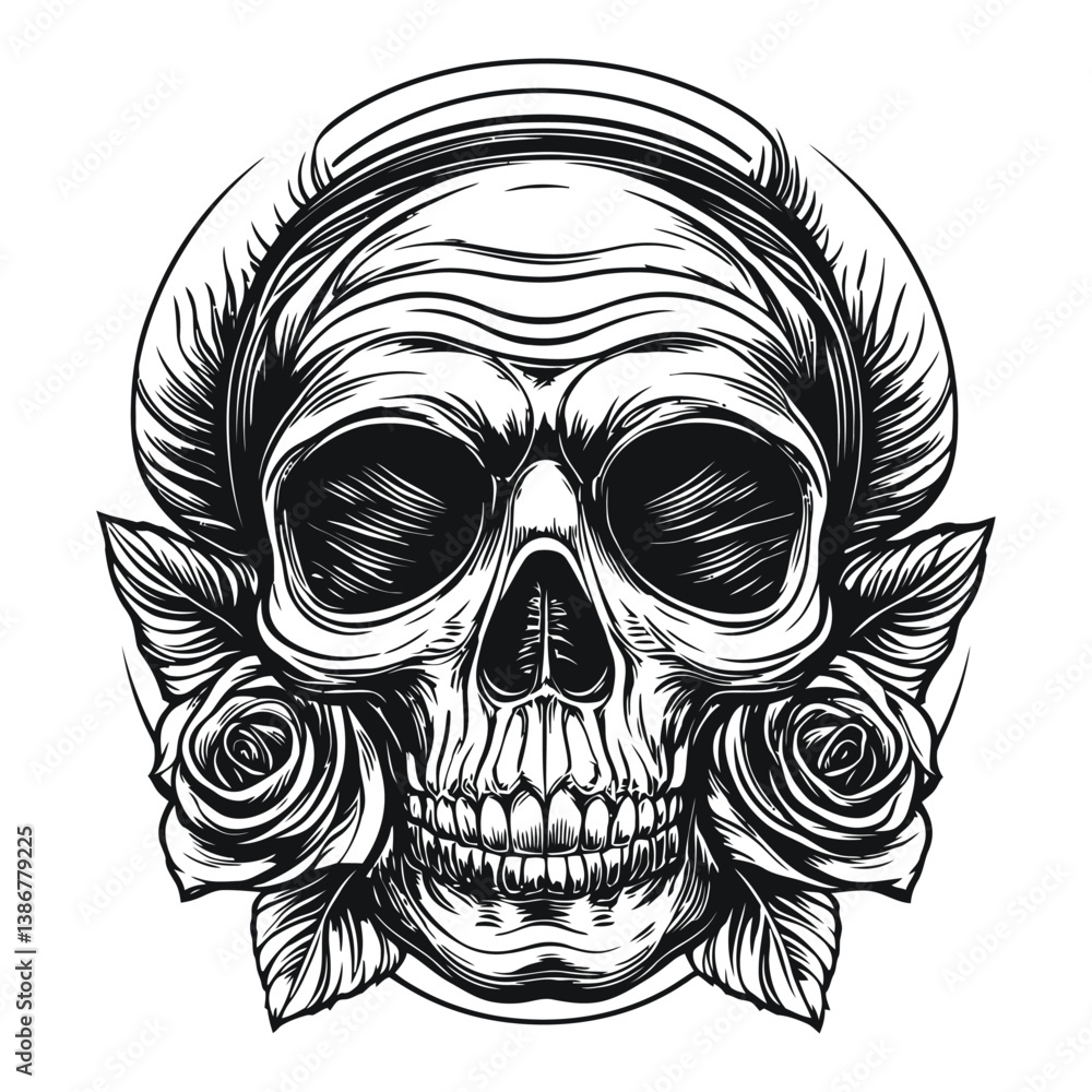 Fototapeta premium Skull Engraving with Roses in Black and White Vector Art Design