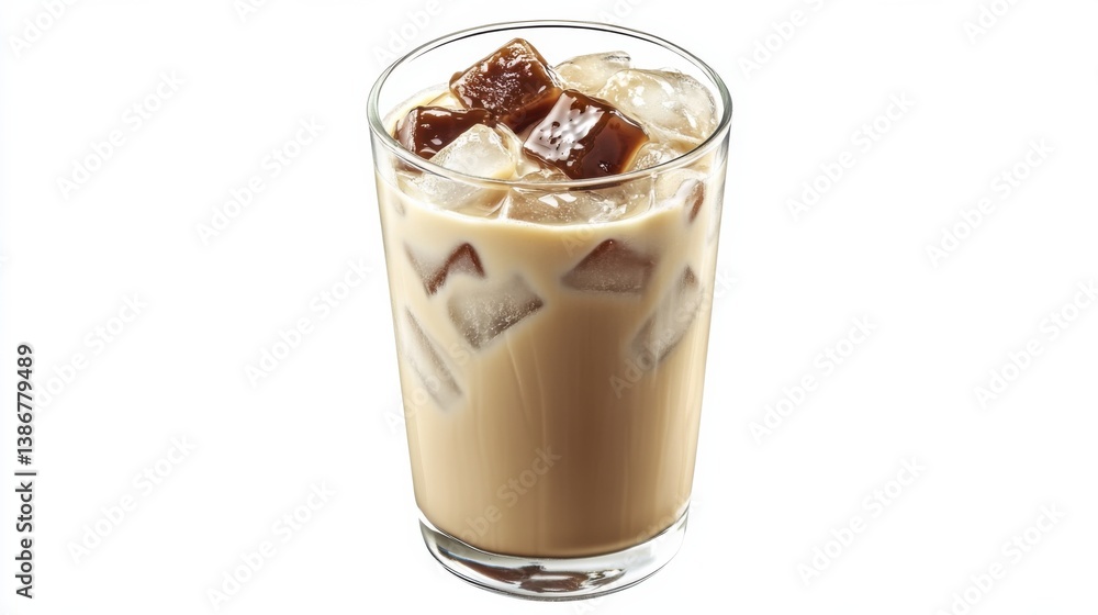 A chilled iced coffee with milk and ice cubes. Featuring refreshment and relaxation A chilled iced coffee with milk and ice cubes. Featuring refreshment and relaxation