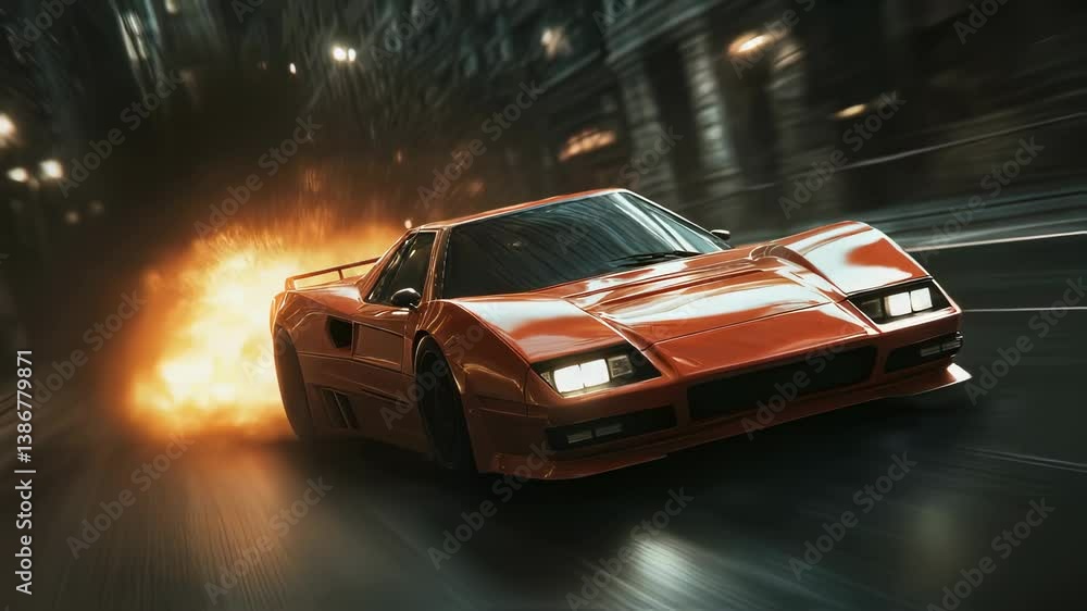 Blockbuster action shot of a car race. Fast 80s-style supercar speeding ...
