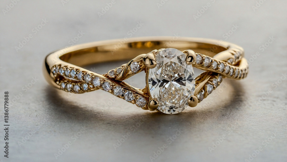 Gold ring with oval diamond and twisted band. Gold ring with oval diamond and twisted band.
