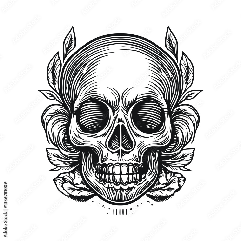 Detailed Skull Engraving with Floral Elements in Vector Style Detailed Skull Engraving with Floral Elements in Vector Style