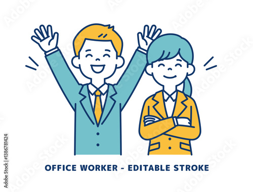 笑顔で大喜びする、若い男女の会社員のベクターイラスト素材＿＿線の編集可能