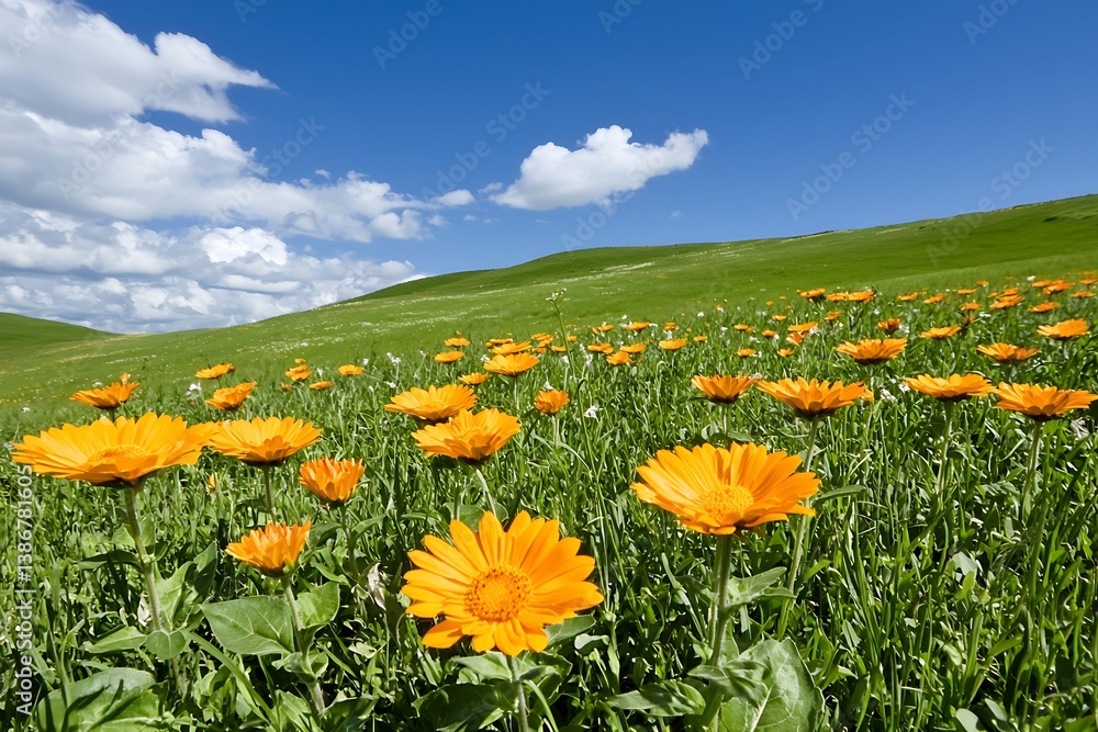 Fototapeta premium Vibrant Orange Flowers Blooming in a Green Meadow Under Blue Sky