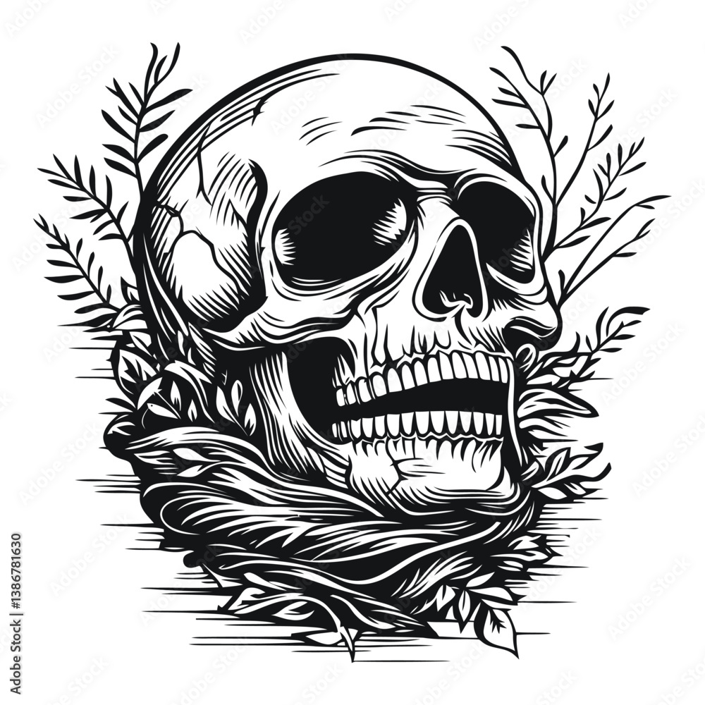 Fototapeta premium Intricate Engraved Skull Surrounded by Natural Elements