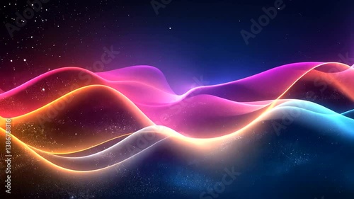 Colorful abstract waves with glowing effects and a starry background in a digital space