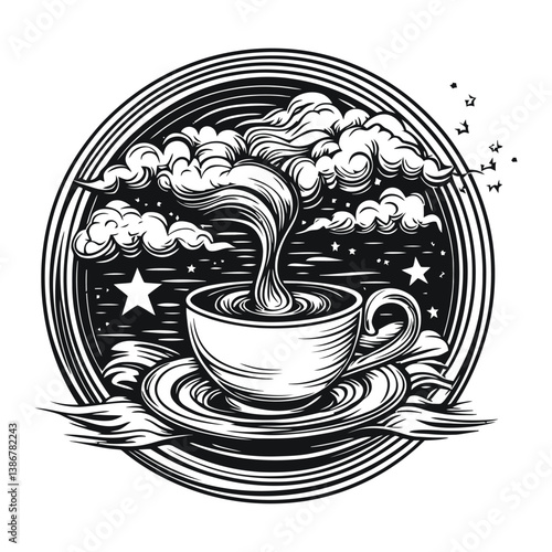 Vintage Engraving of Coffee Cup with Steaming Clouds and Stars