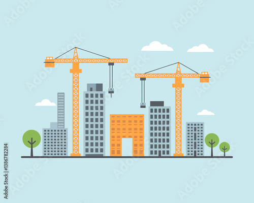 Construction site flat vector, city skyline with cranes and buildings