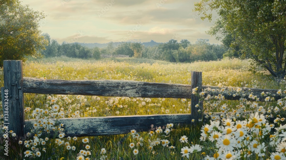 Fototapeta premium A tranquil, sunlit field of wildflowers with daisies, framed by a weathered wooden fence, evoking serenity and nature's beauty. Concept: Wildflower Field, Wooden Fence, Peaceful Scene