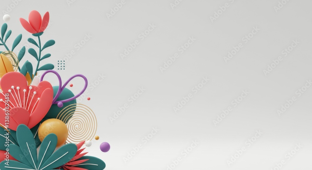 Obraz premium Vibrant 3D Floral Composition: Springtime Bloom Design with Abstract Elements on White Background