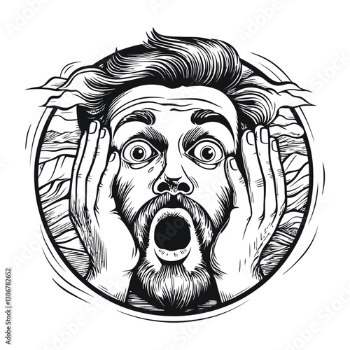 Shocked Man with Hands on Face in Engraved Vector Style Illustration