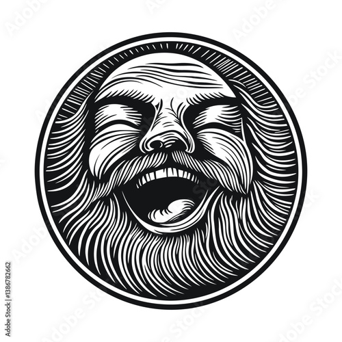 Intricate Engraving of a Laughing Man with Flowing Beard in Vector Art