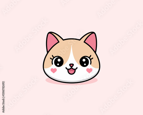 Cute Cartoon Kitten Face with Heart Cheeks Vector Illustration