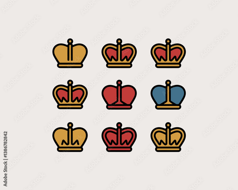 Royal Crown Icon Set: Elegant Designs in Gold, Red, and Blue Colors Royal Crown Icon Set: Elegant Designs in Gold, Red, and Blue Colors