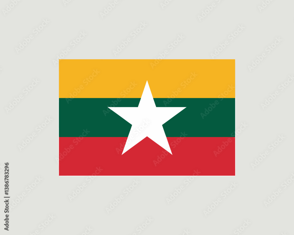 Myanmar Flag: National Symbol, Gold, Green, Red Stripes with White Star Myanmar Flag: National Symbol, Gold, Green, Red Stripes with White Star