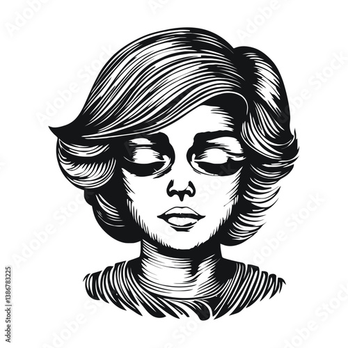 Vintage Engraving of a Serene Woman with Elegant Hair Design