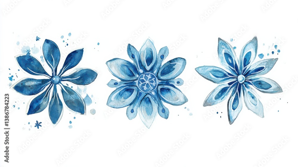Obraz premium A delightful watercolor illustration of three blue snowflakes, each with a unique design. Perfect for holiday decorations, cards, and seasonal prints, adding a cool winter touch to any festive projec