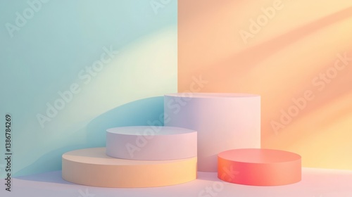 Pastel colored 3D product display podiums, soft light, studio shot, ideal for e-commerce