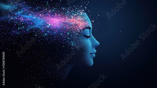Holographic ai face emerging from digital particles virtual space visual art futuristic environment side view digital innovation