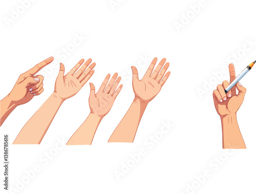 Hand gestures in different positions. Vector hands showing and pointing, holding and representing isolated on white background