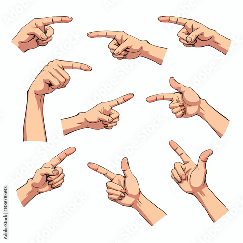 Hand gestures in different positions. Vector hands showing and pointing, holding and representing isolated on white background