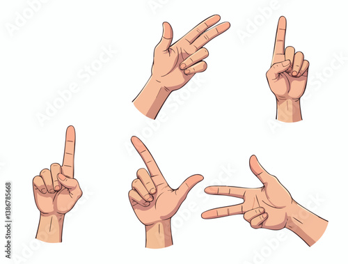 Hand gestures in different positions. Vector hands showing and pointing, holding and representing isolated on white background
