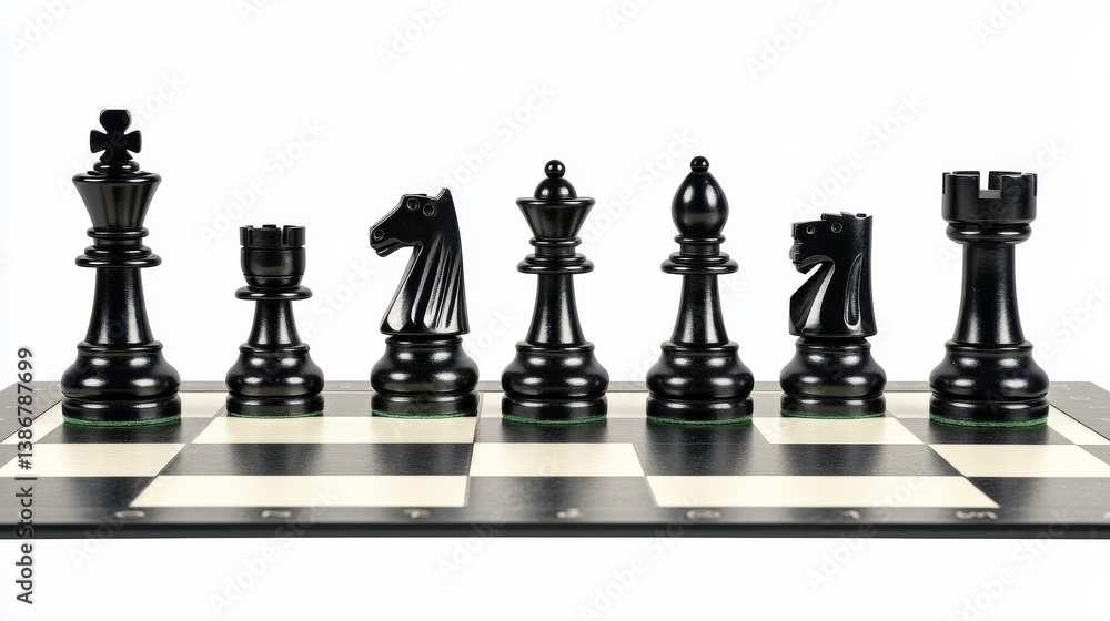 Black Chess Pieces on a Classic Chessboard for Strategy Games Black Chess Pieces on a Classic Chessboard for Strategy Games
