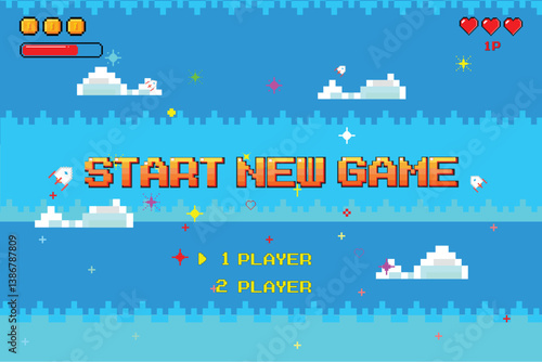 start new game, pixel game background, nature landscape with blue sky and white clouds, 8 bit pixel video game, arcade interface and stars, computer game