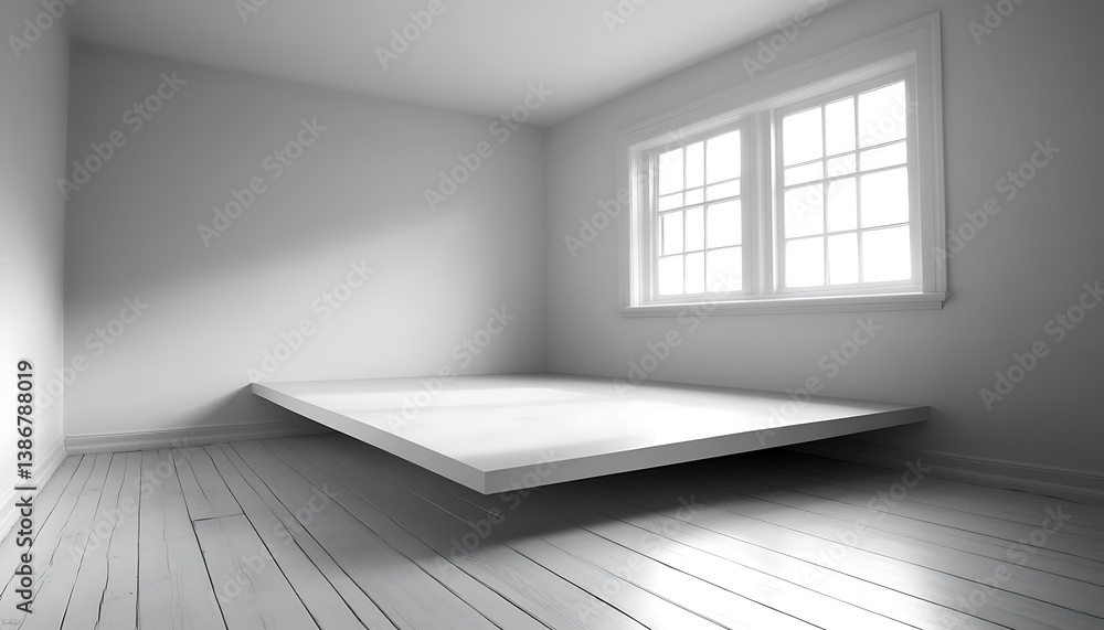 Fototapeta premium Empty room, floating bed, bright window