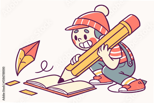Clay style
Clay-style vector of a smiling character holding a giant pencil, writing in a notebook. Chunky shapes, soft shadows, playful textures.
