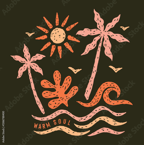 Stylized illustration of tropical and coastal elements.