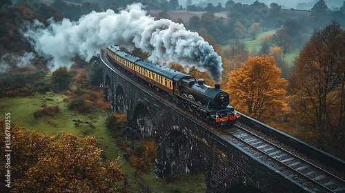 Wallpaper Mural Steam Train on Viaduct: A classic steam train traverses a historic viaduct, billowing clouds of smoke against the backdrop of an autumn landscape. Torontodigital.ca