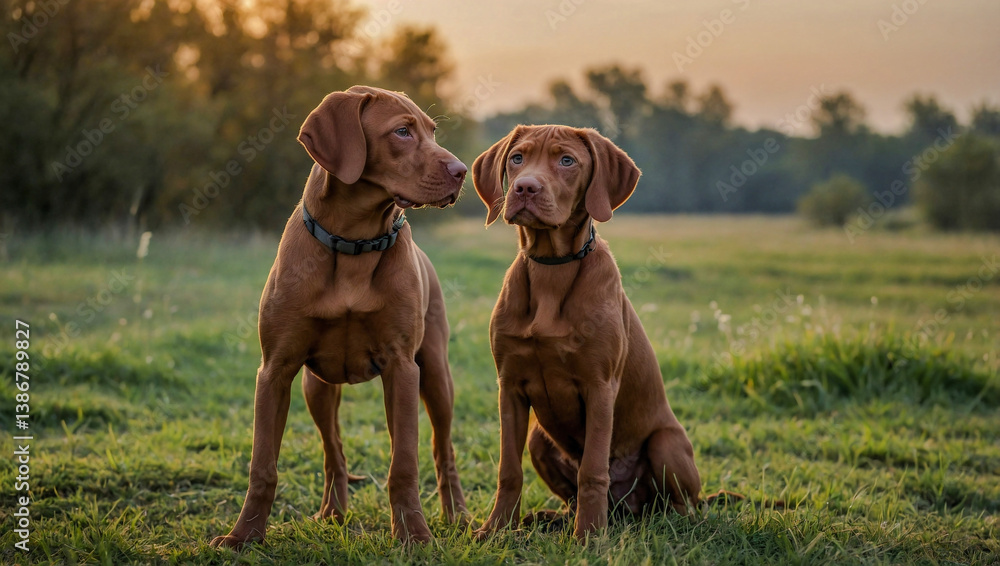 Hungarian Vizsla puppy standing beside a Labrador retriever. Hungarian Vizsla puppy standing beside a Labrador retriever.