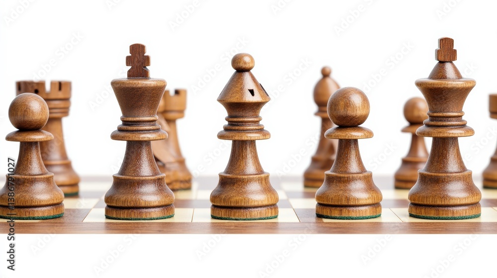 Wooden Chess Pieces Set on Checkered Board with Focused Detail Wooden Chess Pieces Set on Checkered Board with Focused Detail