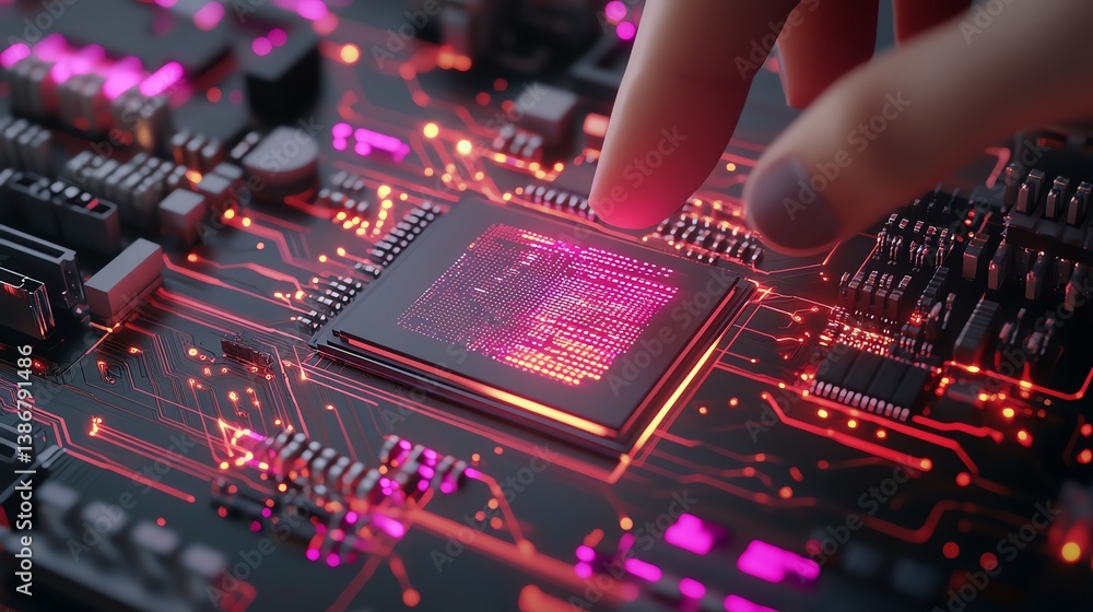 A closeup view of a CPU chip on a motherboard with glowing circuits