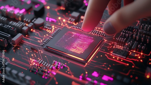 Obraz na płótnie A closeup view of a CPU chip on a motherboard with glowing circuits w salonie